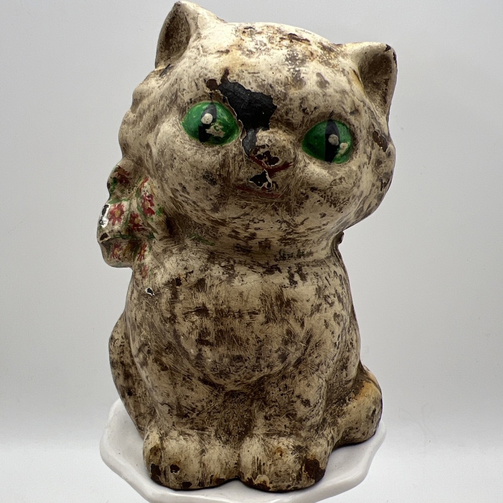 Antique 1930's Hubley Cast Iron Kitten Cat Still Bank Hubley Green Eyes‎ Bow Vtg